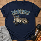 Navy t-shirt with a tabby cat wearing workout gear and the text "PAWGRESS".