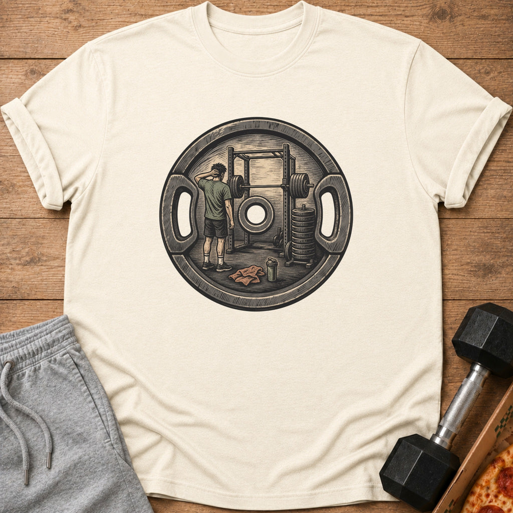 Illustration of a person at a squat rack, framed by a weight plate.