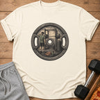 Illustration of a person at a squat rack, framed by a weight plate.