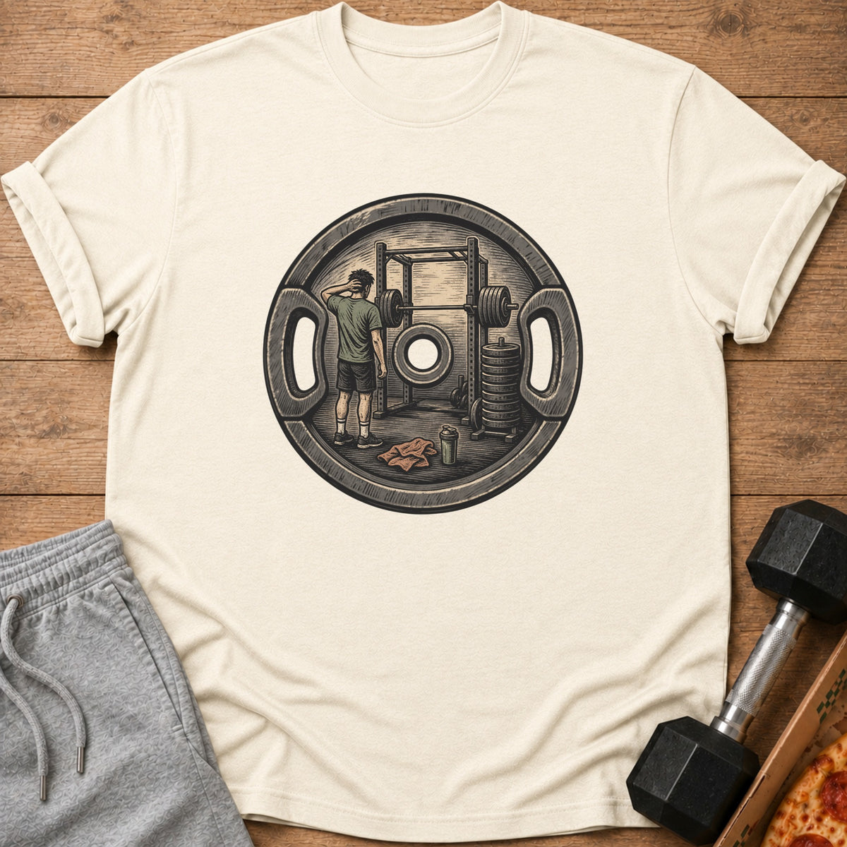 Illustration of a person at a squat rack, framed by a weight plate.