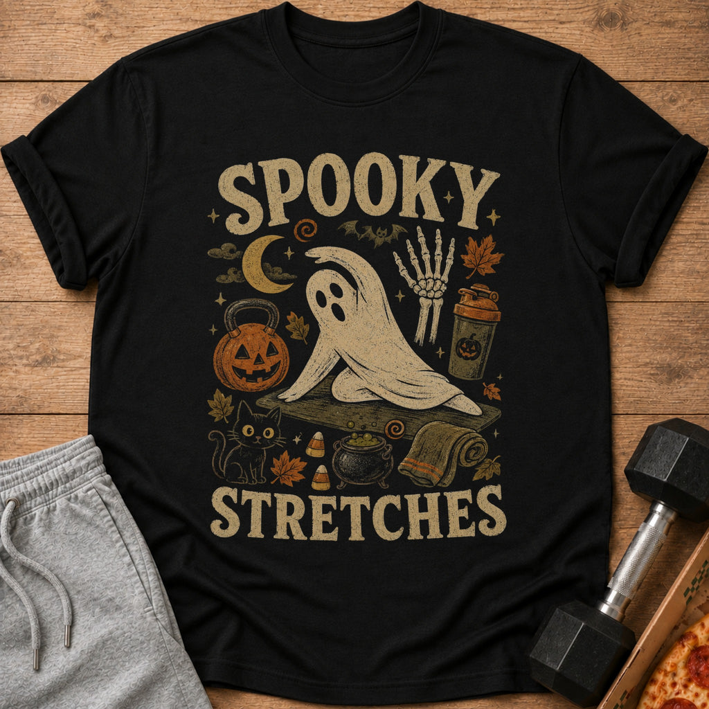Black t-shirt with "Spooky Stretches" text and Halloween-themed yoga-related graphics.