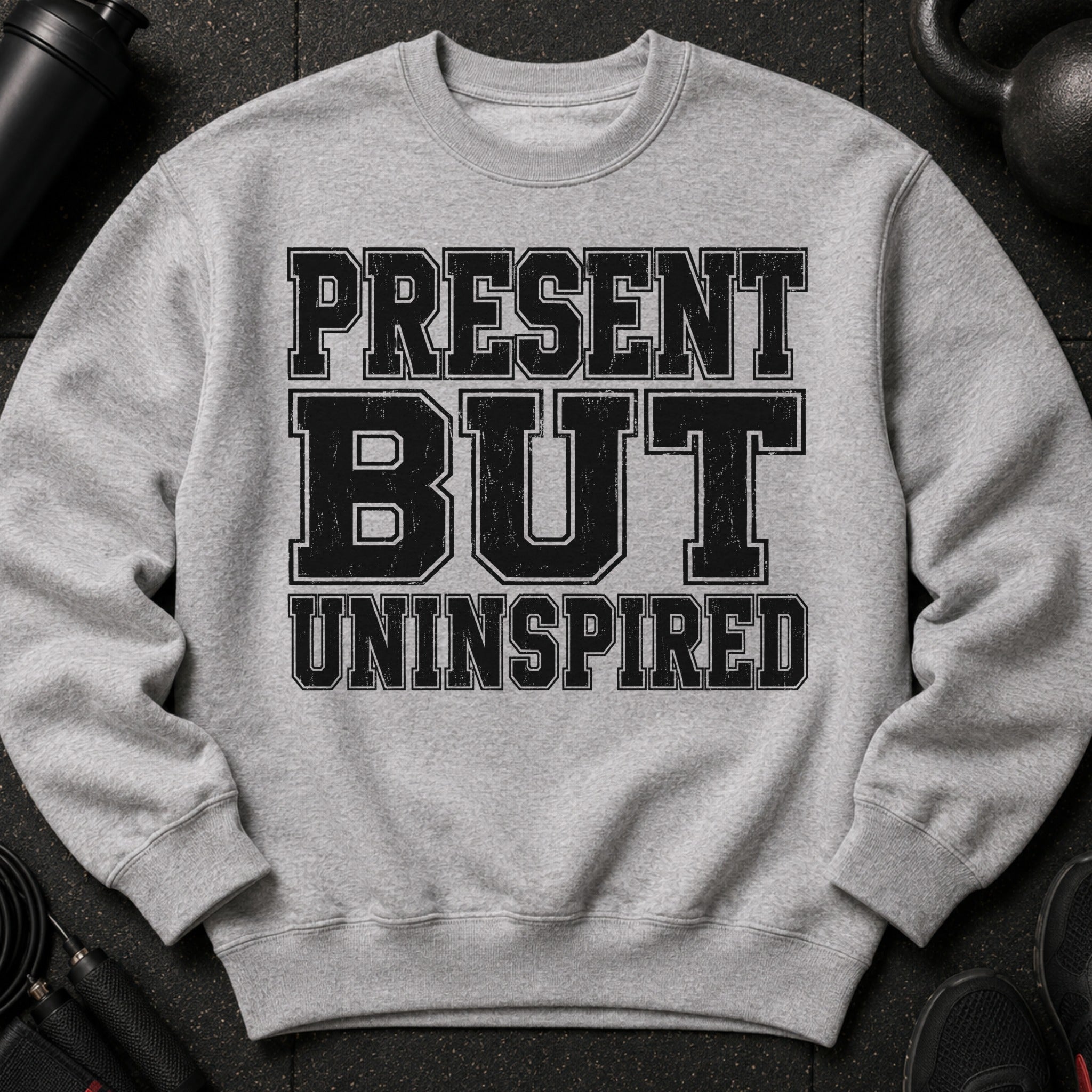 Light grey sweatshirt with black text reading "PRESENT BUT UNINSPIRED".