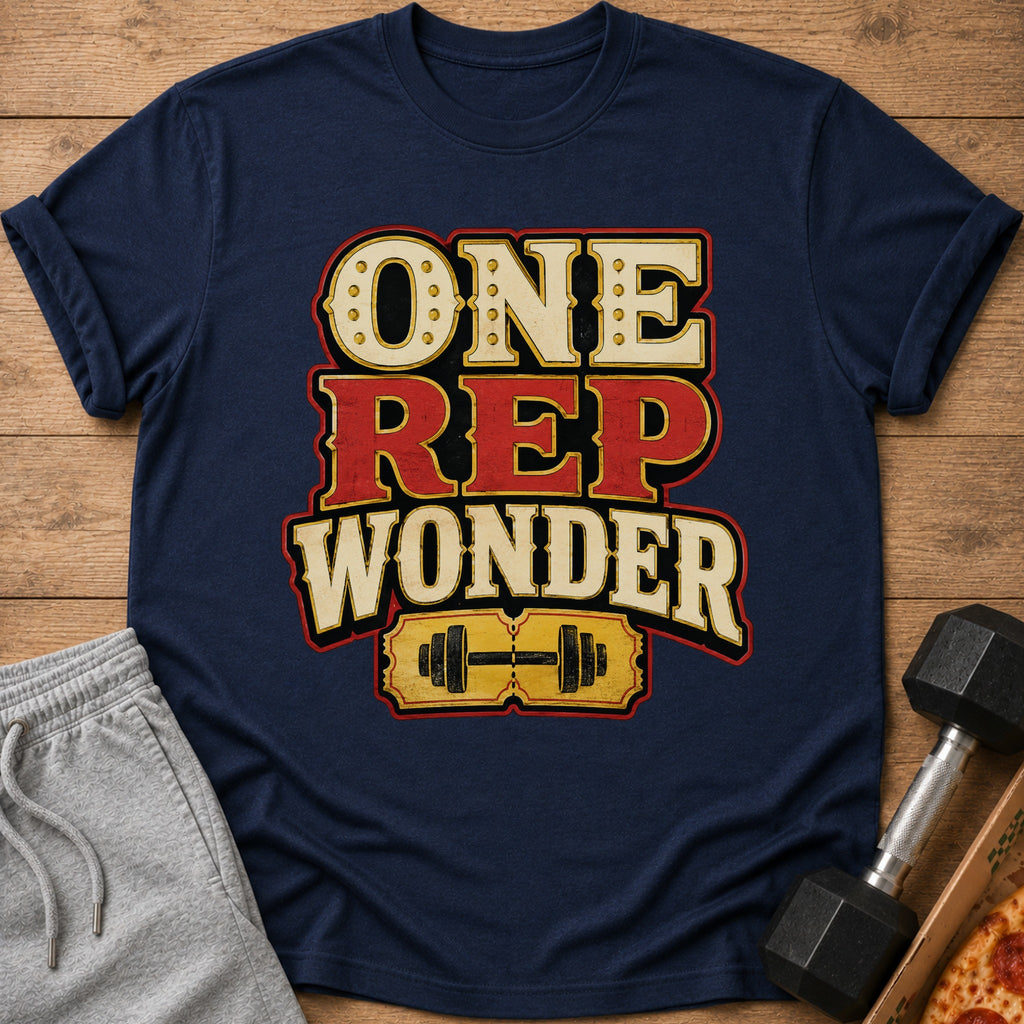 Navy t-shirt with "ONE REP WONDER" text and barbell graphic.