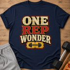 Navy t-shirt with "ONE REP WONDER" text and barbell graphic.