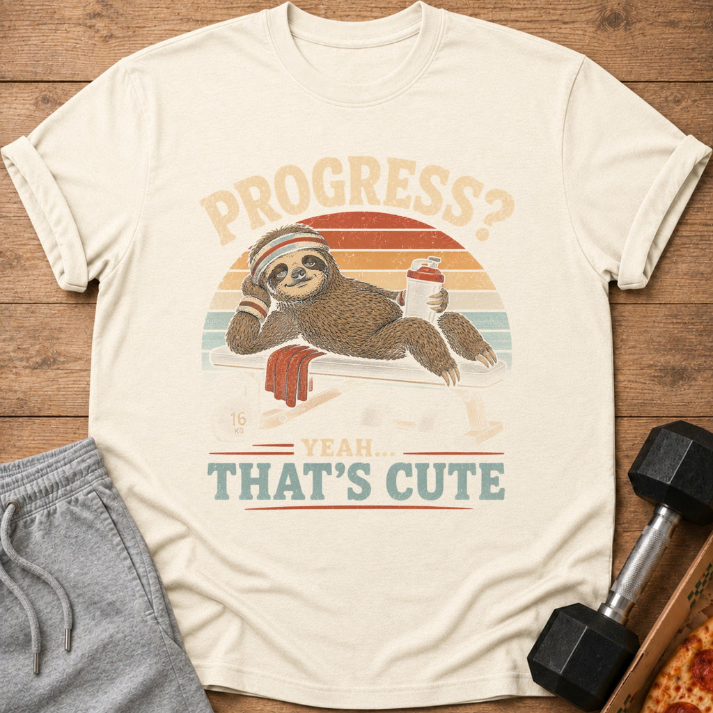 Sloth on bench, holding water bottle, text: Progress? Yeah... That's Cute.