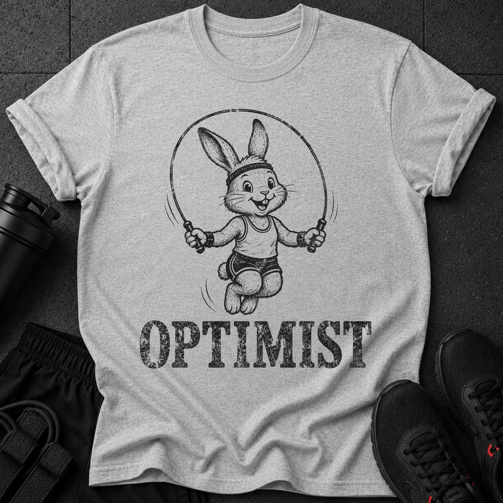 Rabbit jumping rope with "OPTIMIST" text on gray t-shirt.