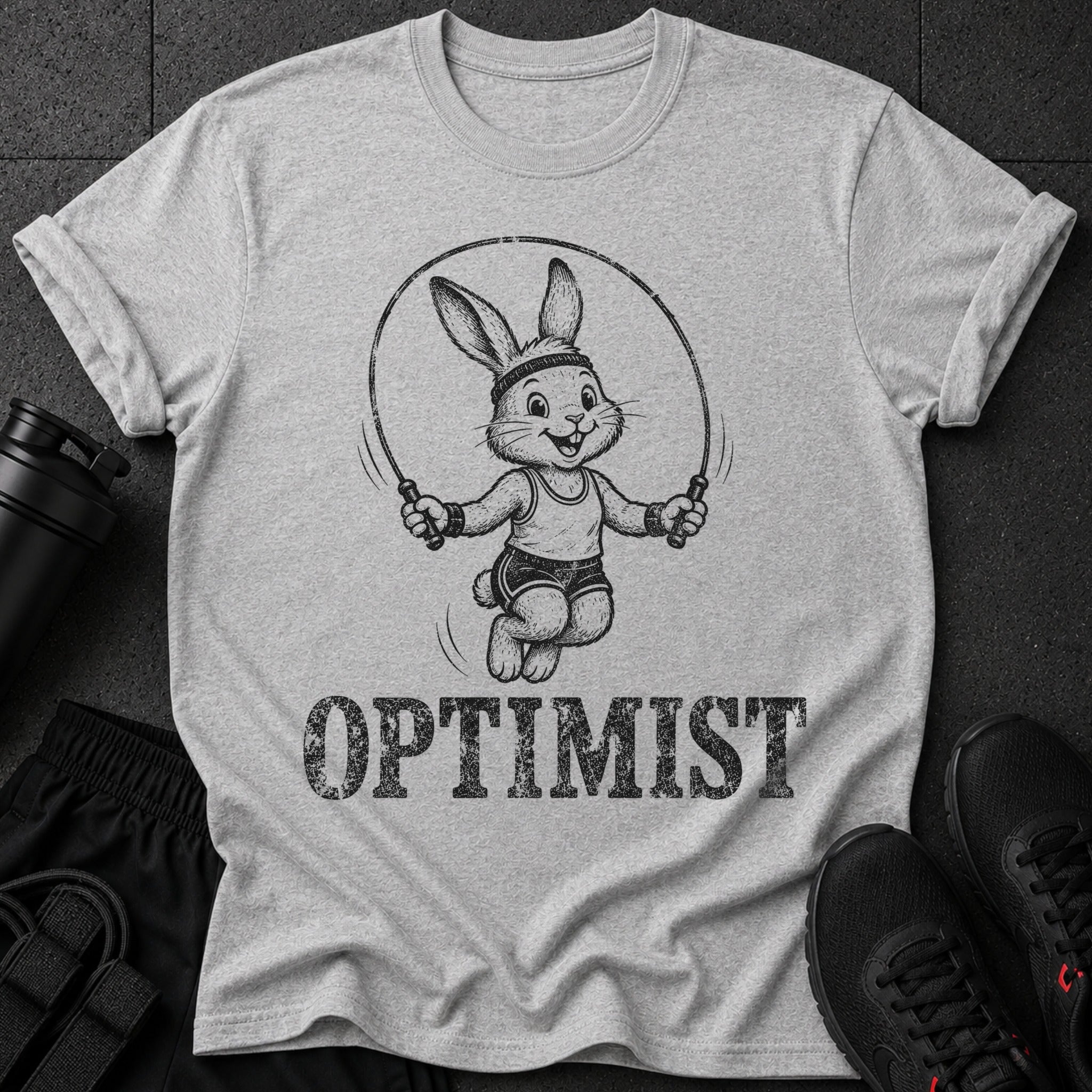 Rabbit jumping rope with "OPTIMIST" text on gray t-shirt.