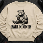 Crewneck sweatshirt with a sketch of a bear lifting a dumbbell and text reading "BARE MINIMUM".