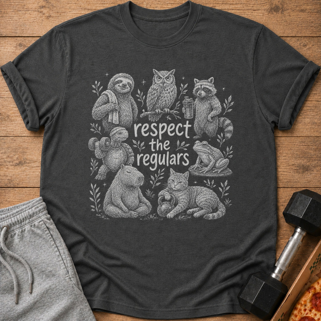 Dark grey t-shirt with a white line art design of animals and the text "respect the regulars".