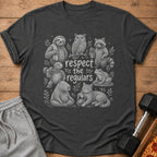 Dark grey t-shirt with a white line art design of animals and the text "respect the regulars".
