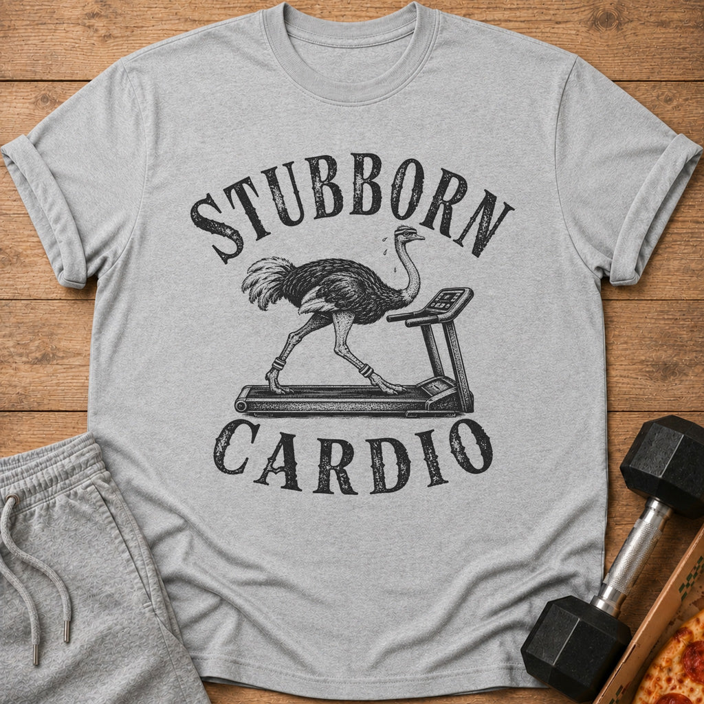Ostrich on treadmill with text "STUBBORN CARDIO"
