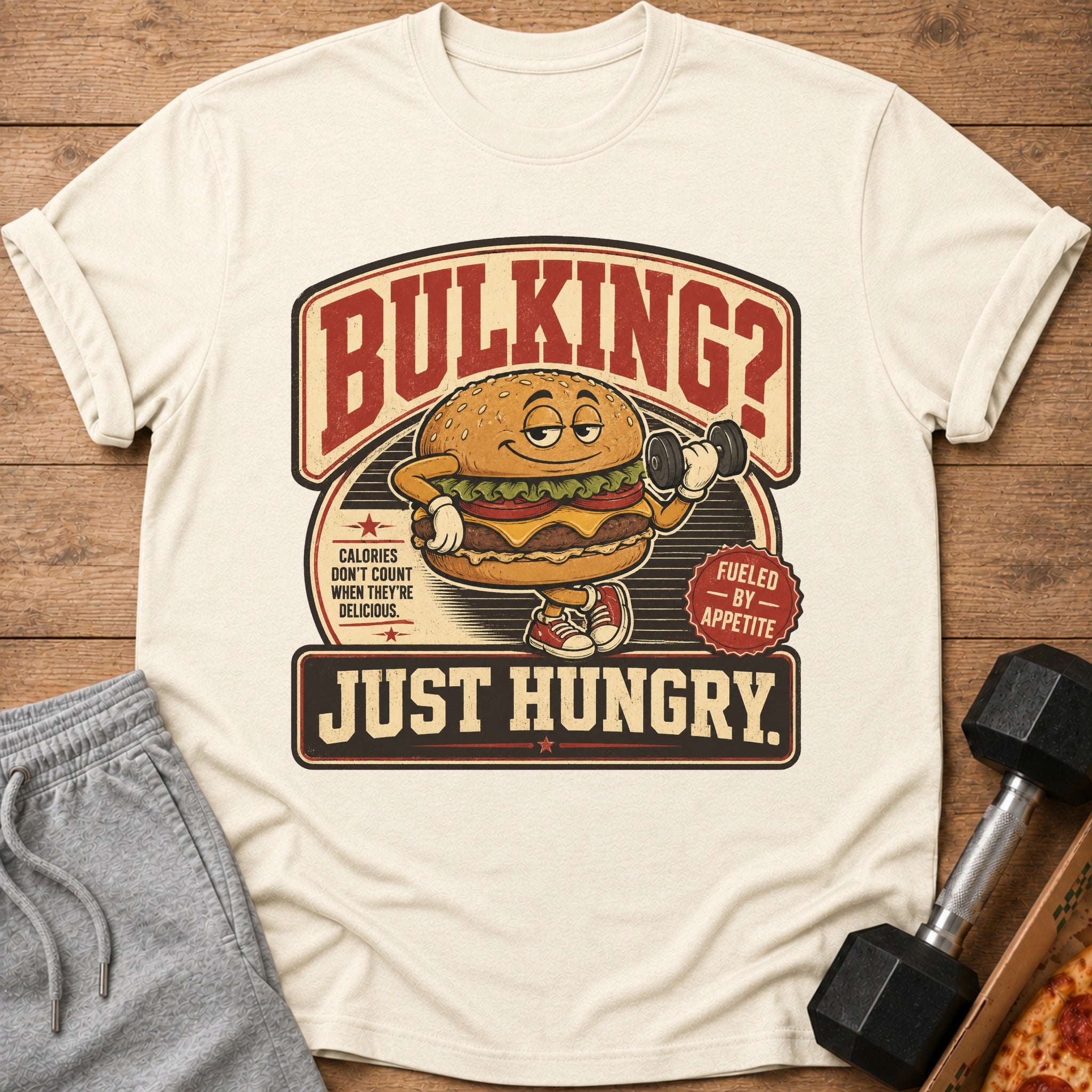 T-shirt graphic with a cartoon burger lifting weights and text "Bulking? Just Hungry."