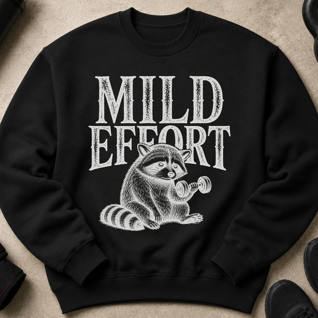 Black sweatshirt with a raccoon lifting a dumbbell and text "MILD EFFORT".