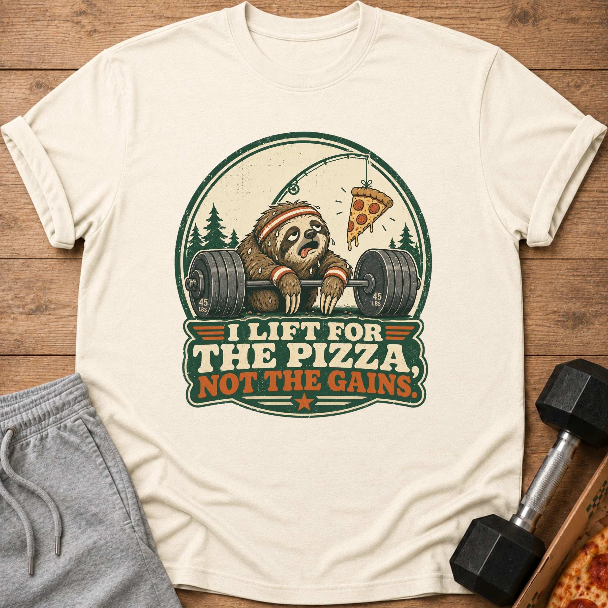 Sloth lifting weights with "I Lift For The Pizza, Not The Gains" text.