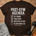 Brown t-shirt with "Post-Gym Agenda" and checklist.