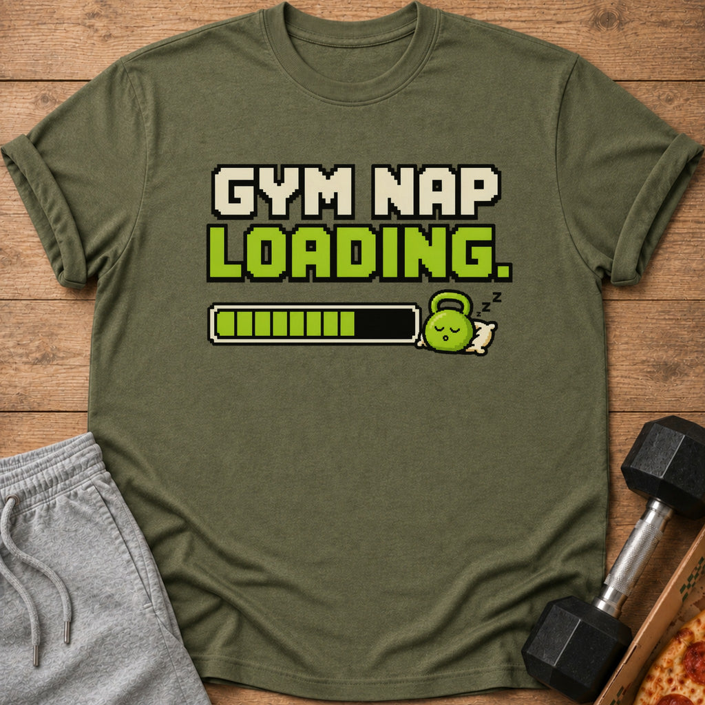 Green t-shirt with pixelated "GYM NAP LOADING" text and a sleeping kettlebell.