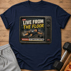 Navy t-shirt with graphic of tired person on gym floor, inside a retro TV screen.