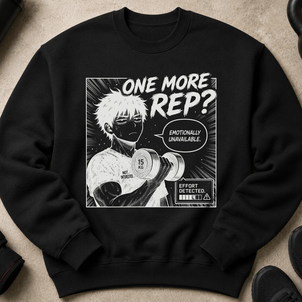 Black sweatshirt with graphic art of a man lifting a dumbbell, text "ONE MORE REP?"