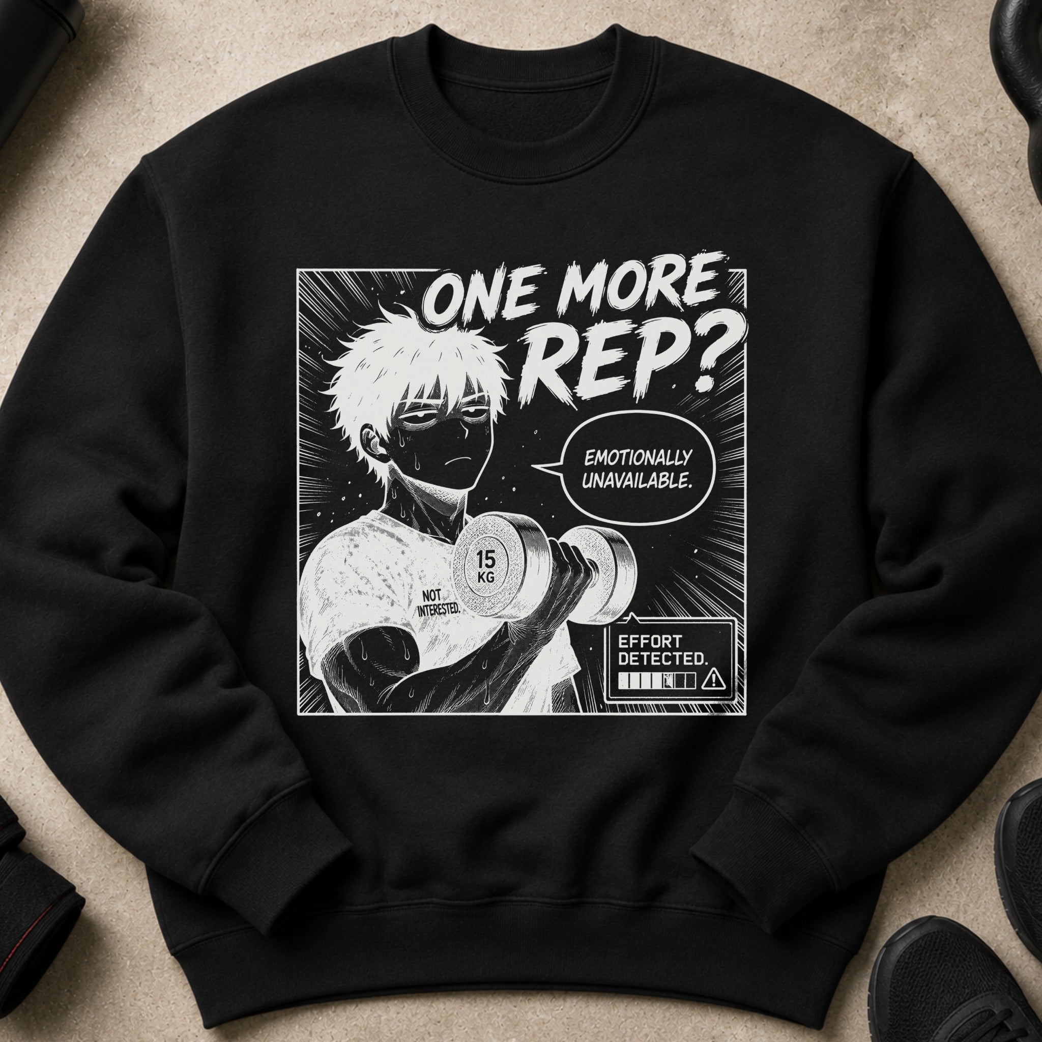 Black sweatshirt with graphic art of a man lifting a dumbbell, text "ONE MORE REP?"