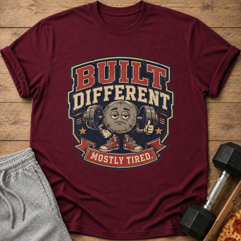 Maroon t-shirt with cartoon dumbbell saying "Built Different Mostly Tired."