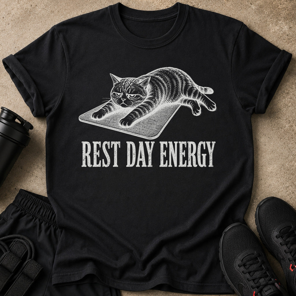 Black t-shirt with graphic of a cat on a mat and text "REST DAY ENERGY".