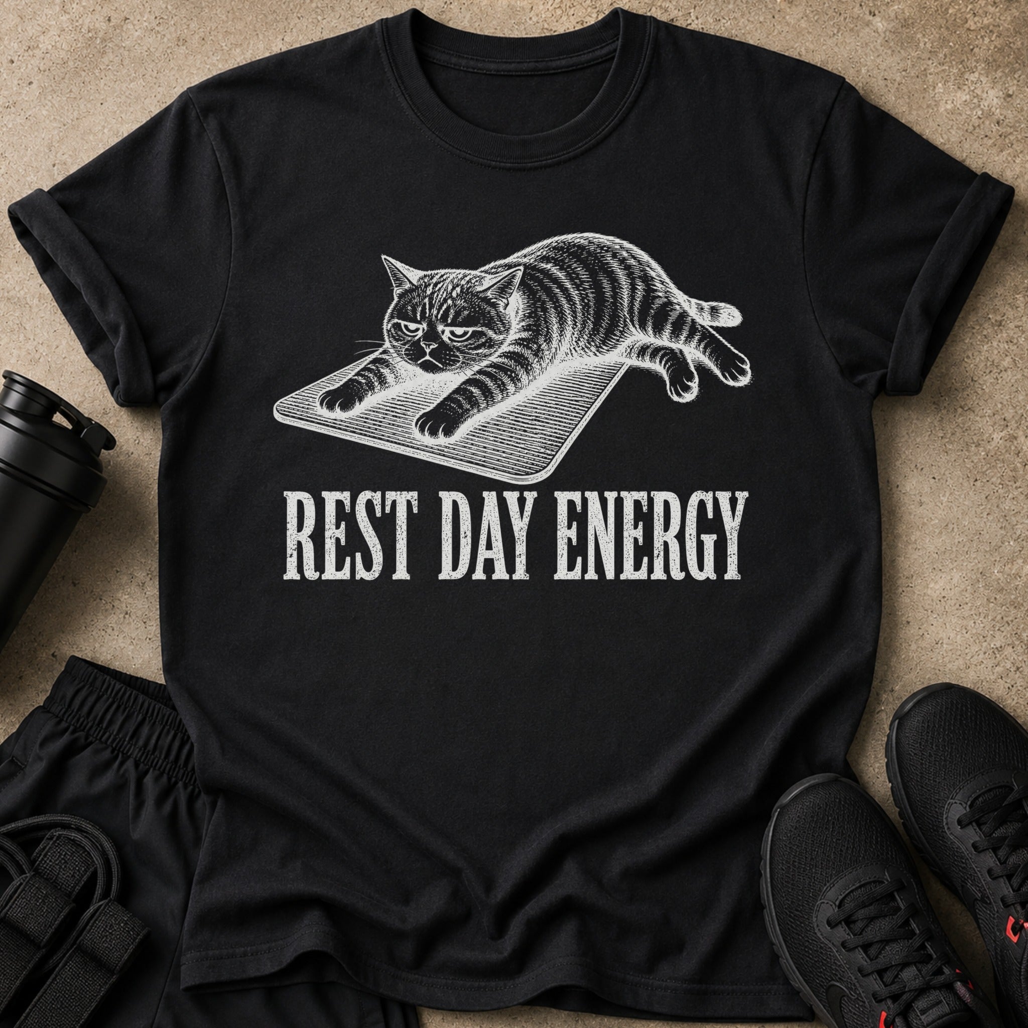 Black t-shirt with graphic of a cat on a mat and text "REST DAY ENERGY".