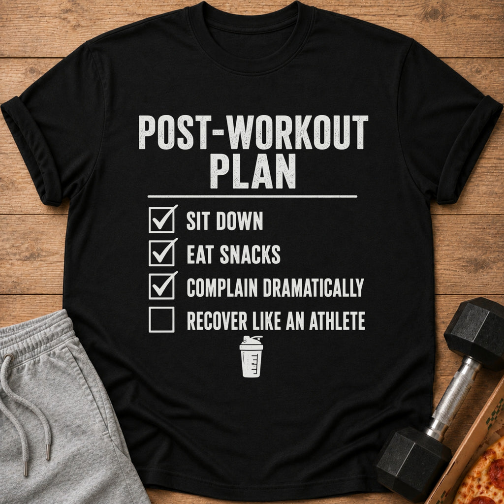 Black t-shirt with "Post-Workout Plan" and a checklist of activities.