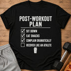 Black t-shirt with "Post-Workout Plan" and a checklist of activities.