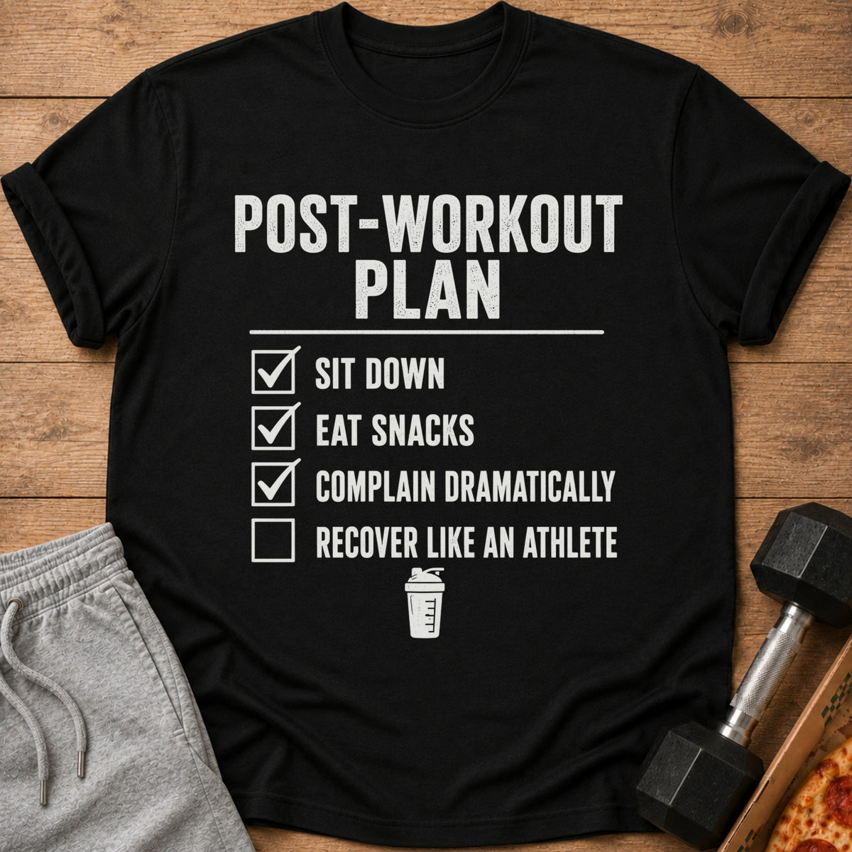 Black t-shirt with "Post-Workout Plan" and a checklist of activities.