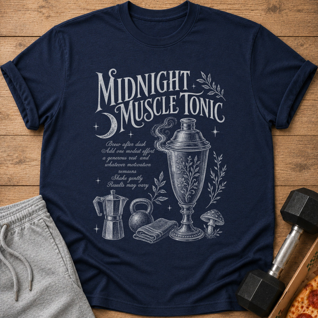 Navy t-shirt with "Midnight Muscle Tonic" text and workout graphics.