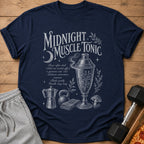 Navy t-shirt with "Midnight Muscle Tonic" text and workout graphics.