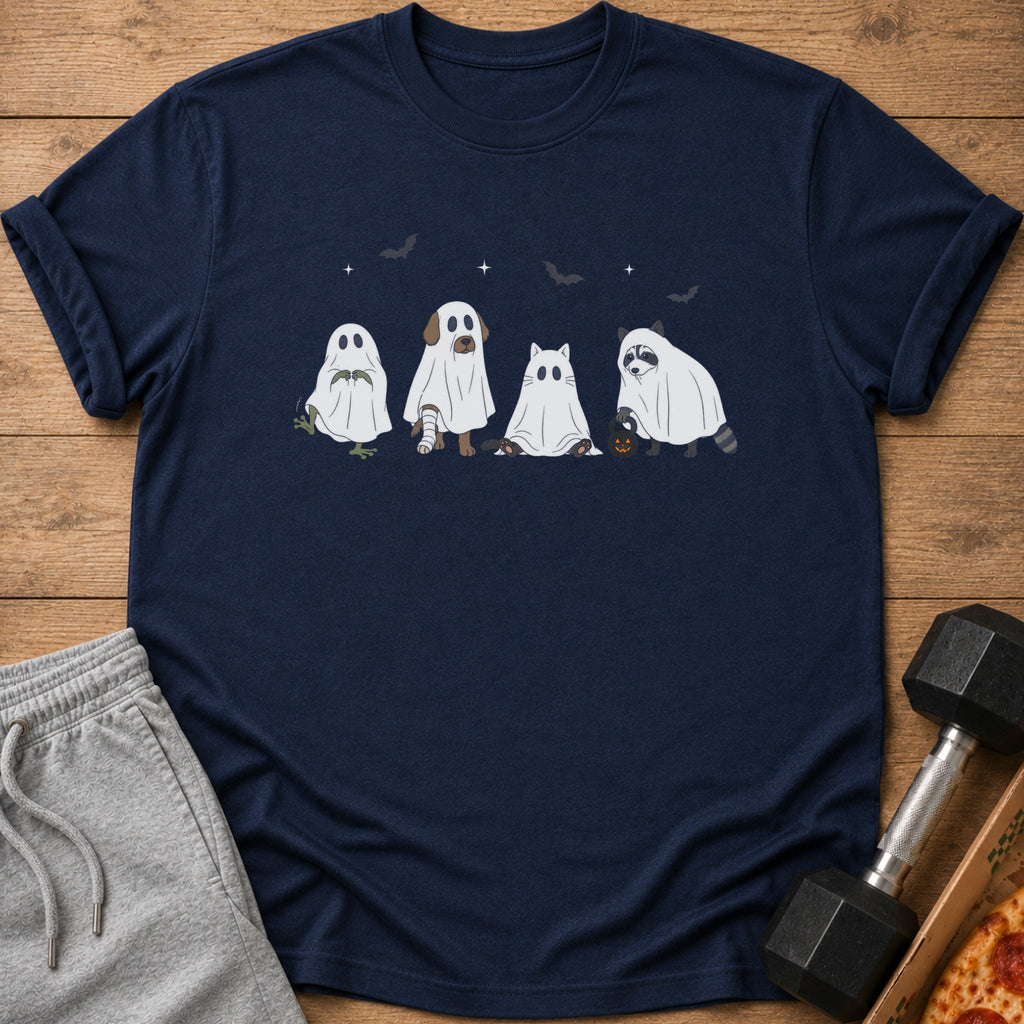 Navy t-shirt with cartoon ghost animals, bats, and stars graphic.