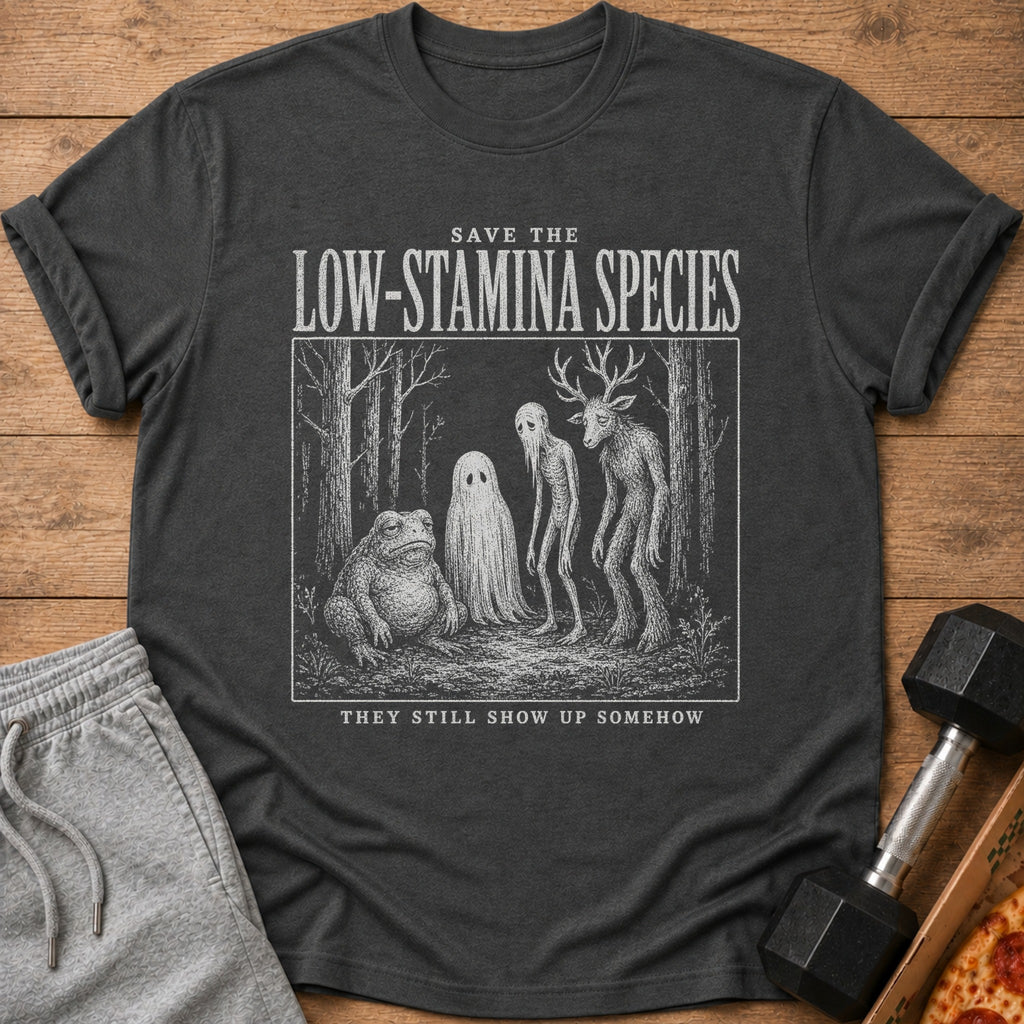 Dark t-shirt with "Save the Low-Stamina Species" and forest creatures graphic.
