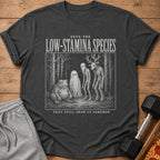 Dark t-shirt with "Save the Low-Stamina Species" and forest creatures graphic.