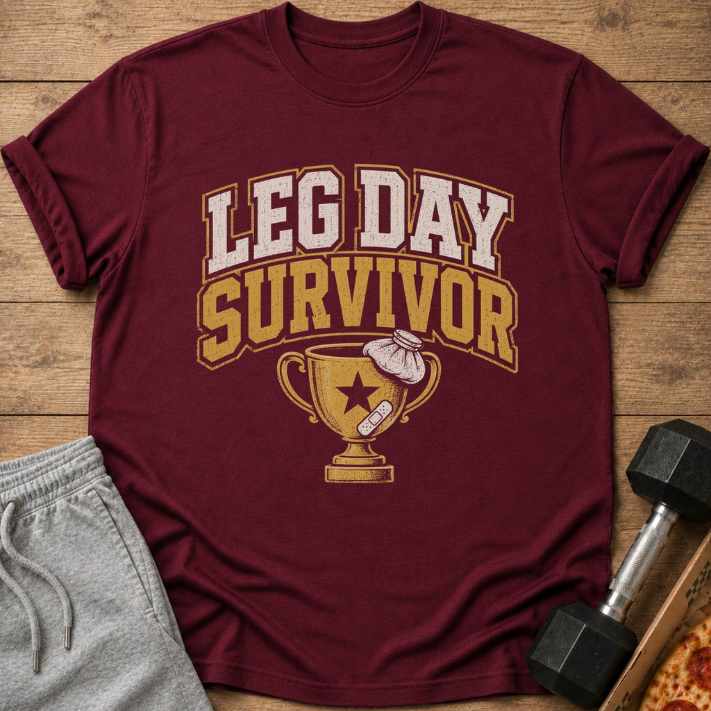 Maroon t-shirt with "LEG DAY SURVIVOR" text and trophy with ice pack.