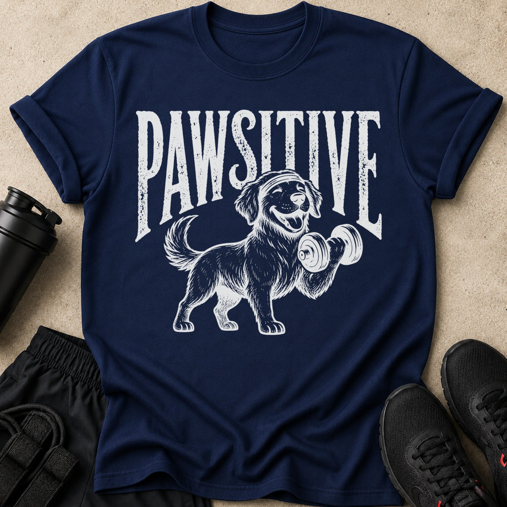 Navy t-shirt with graphic of a dog lifting a dumbbell and text "PAWSITIVE".