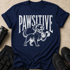 Navy t-shirt with graphic of a dog lifting a dumbbell and text "PAWSITIVE".