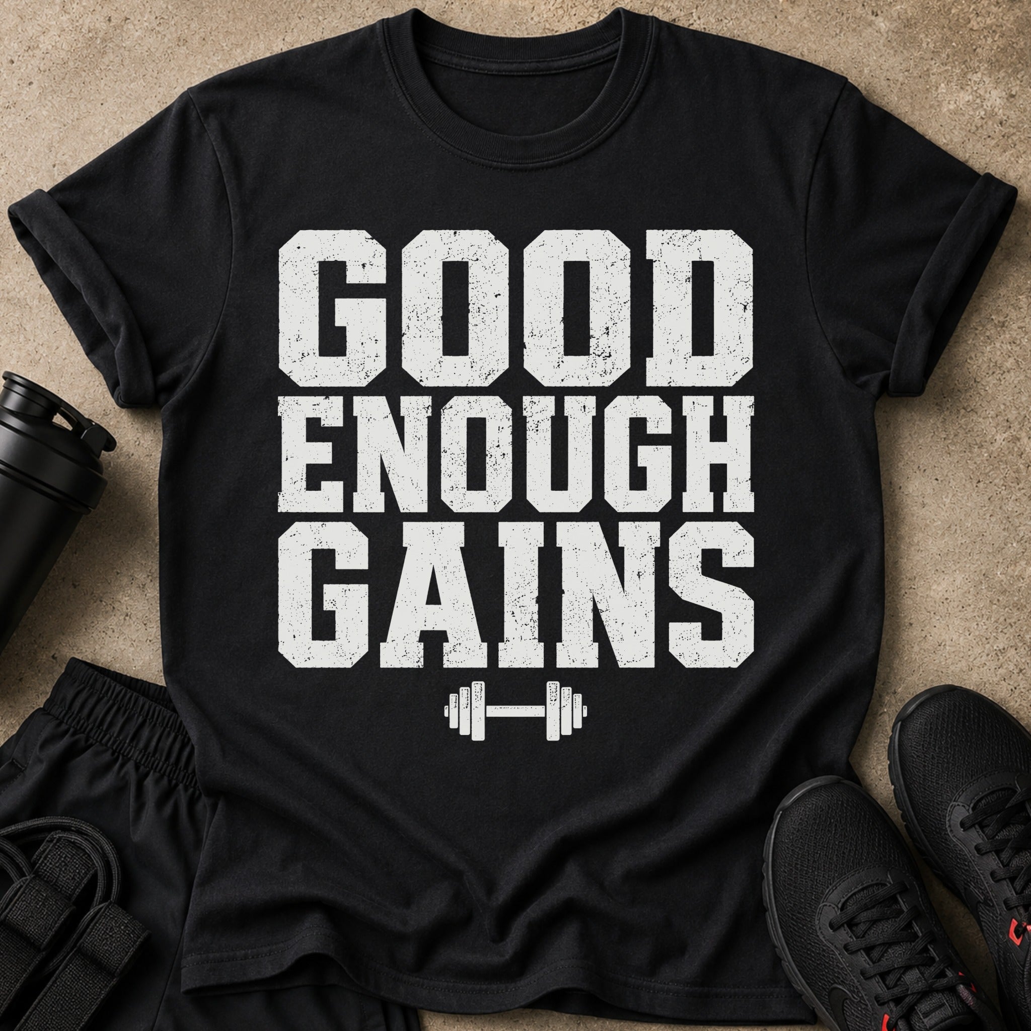 Black t-shirt with "GOOD ENOUGH GAINS" text and dumbbell graphic.