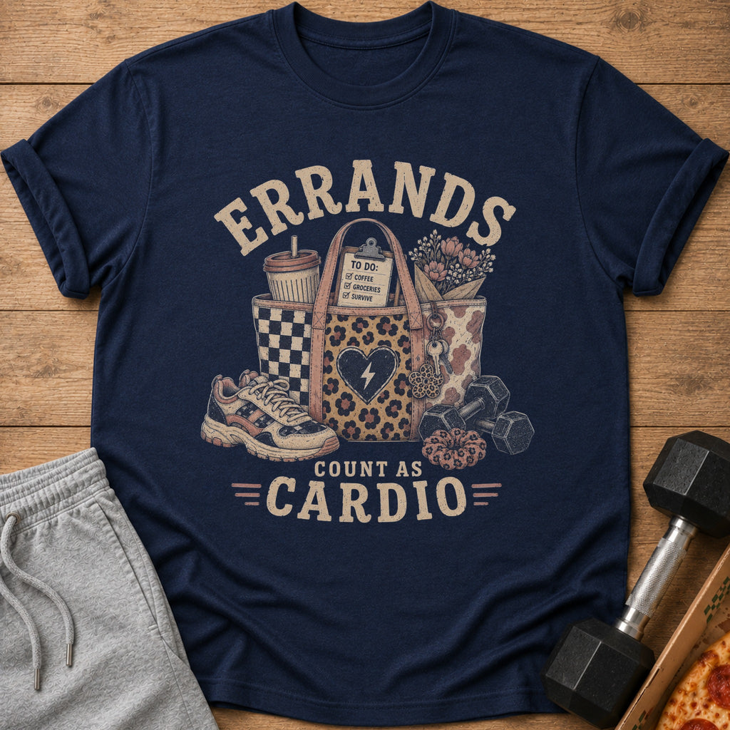 Navy t-shirt with "Errands Count As Cardio" text and graphic of a tote bag, coffee, shoe, and dumbbells.
