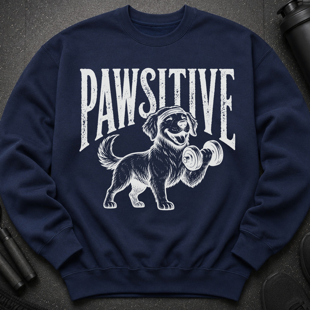 Navy sweatshirt with "PAWSITIVE" text and a dog lifting a dumbbell.