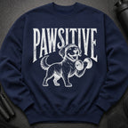 Navy sweatshirt with "PAWSITIVE" text and a dog lifting a dumbbell.