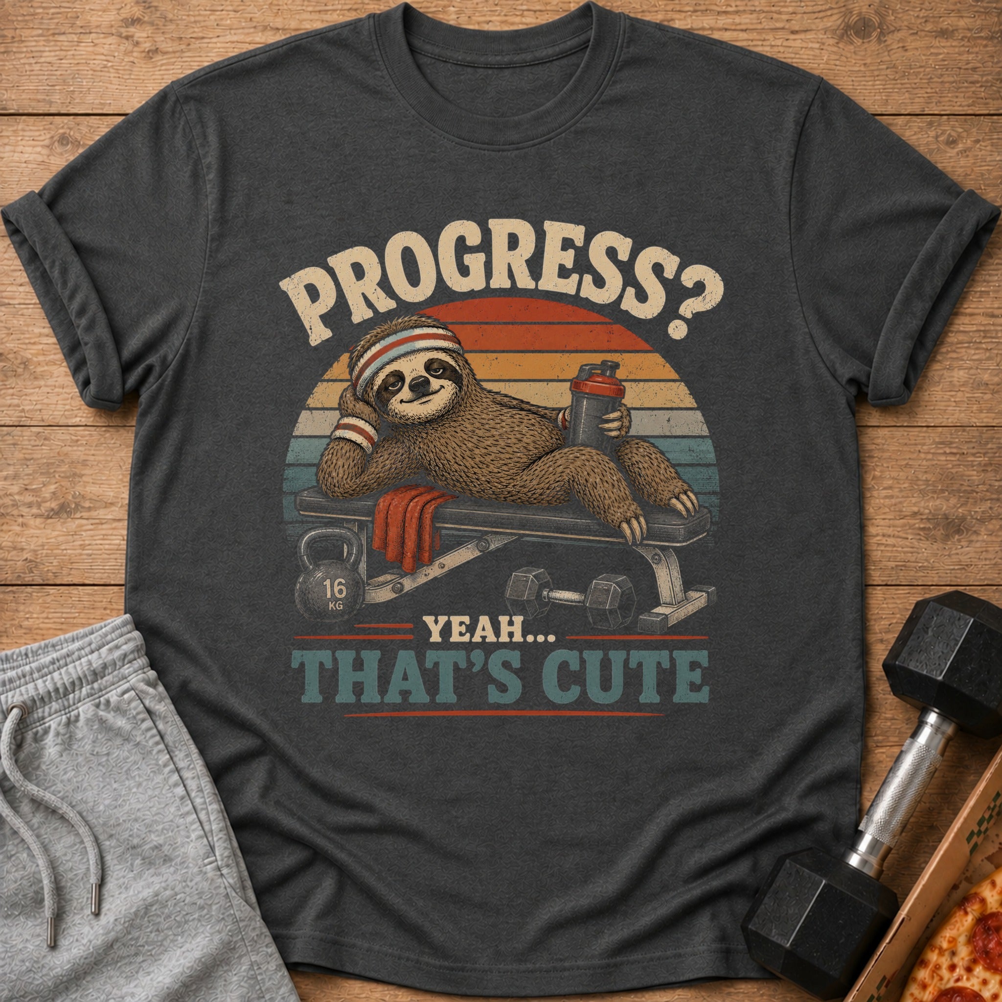 Dark gray t-shirt with a sloth on a weight bench and the text "PROGRESS? YEAH... THAT'S CUTE".