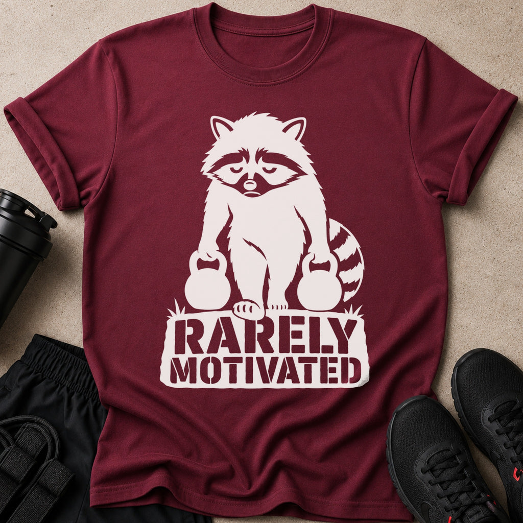 Maroon t-shirt with a white graphic of a raccoon holding kettlebells and the text "RARELY MOTIVATED".
