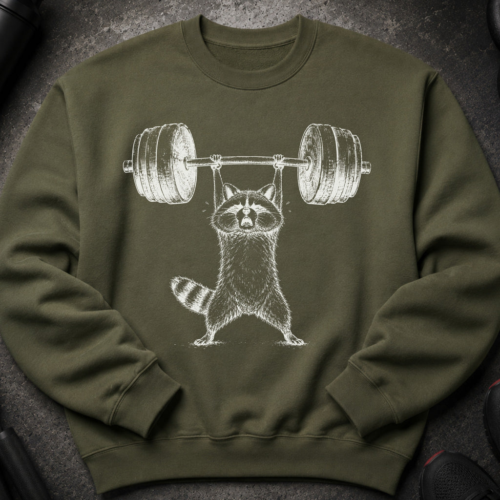 Green sweatshirt with a white outline illustration of a raccoon lifting a barbell.