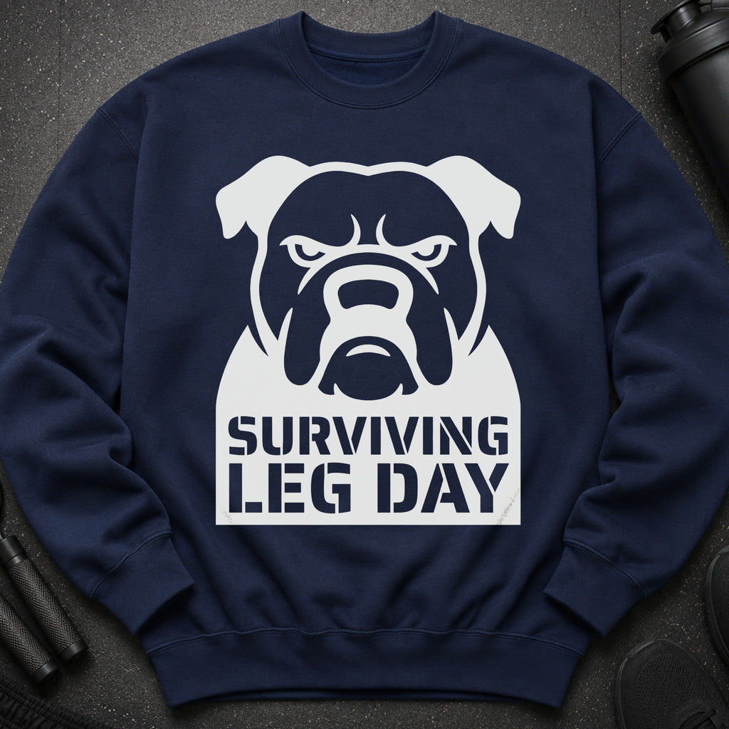 Navy sweatshirt with a white bulldog graphic and "Surviving Leg Day" text.