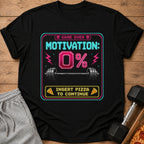 Black t-shirt with pixelated design: "Game Over Motivation 0%" and "Insert Pizza to Continue".