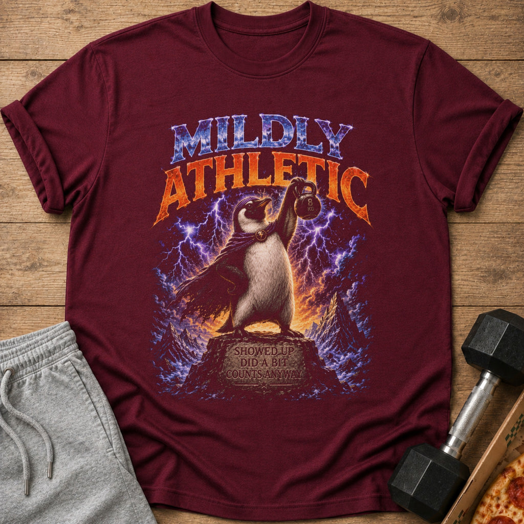 Maroon t-shirt with "MILDLY ATHLETIC" text, a penguin lifting a dumbbell, and text that says "SHOWED UP DID A BIT COUNTS ANYWAY."