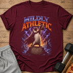Maroon t-shirt with "MILDLY ATHLETIC" text, a penguin lifting a dumbbell, and text that says "SHOWED UP DID A BIT COUNTS ANYWAY."