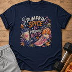 Navy blue t-shirt featuring a colorful graphic with text reading Pumpkin Spice & Personal Bests.