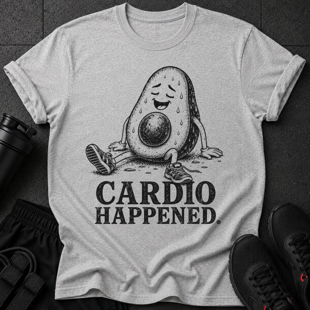 Grey t-shirt with a distressed avocado illustration and text "Cardio Happened."
